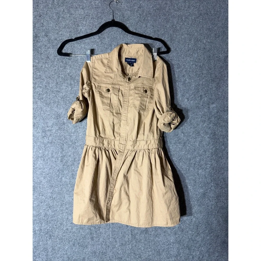 Ralph Lauren Kids Tan Cotton Roll Tab Sleeve Button Front Shirt Dress Size 8